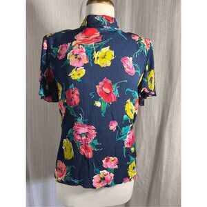 Anne Klein Blouse Size 8 Vintage 90's Navy Floral Romantic Aesthetic Top